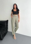 Kadın Yüksel Bel Beli Bağcıklı Cepli Rahat Paça Pantalon - Su Yeşili