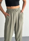 Kadın Yüksel Bel Beli Bağcıklı Cepli Rahat Paça Pantalon - Su Yeşili