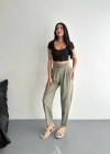 Kadın Yüksel Bel Beli Bağcıklı Cepli Rahat Paça Pantalon - Su Yeşili