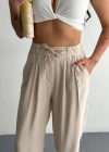 Kadın Yüksel Bel Beli Bağcıklı Rahat Boru Paça Pantalon - Kırık Beyaz