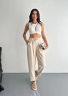 Kadın Yüksel Bel Beli Bağcıklı Rahat Boru Paça Pantalon - Kırık Beyaz