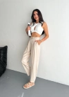 Kadın Yüksel Bel Beli Bağcıklı Rahat Boru Paça Pantalon - Kırık Beyaz