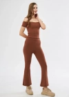 Kadın Yüksel Bel Fitilli İspanyol Paça Tayt - Kahve