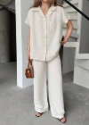 Keten Kısa Kollu Cepli Gömlek Pantolon ikili Takım - Beyaz