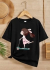 Kız Çocuk Bisiklet Yaka Baskılı T-Shirt - Siyah