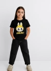 Kız Labubu Çocuk Baskılı T-Shirt - Siyah