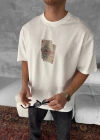 ERKEK Ön ve Arka Baskılı Oversize Bisiklet Yaka - Beyaz