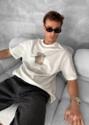 ERKEK Ön ve Arka Baskılı Oversize Bisiklet Yaka - Beyaz