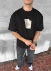 ERKEK Ön ve Arka Baskılı Oversize Bisiklet Yaka T-shirt - Siyah