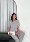 Osy Modal Yumuşak Dokulu Kumaş Bisiklet Yaka T-shirt Bol paça Pantalon ikili Takım - Boyalı Gri