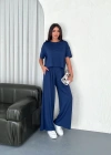 Osy Modal Yumuşak Dokulu Kumaş Bisiklet Yaka T-shirt Bol paça Pantalon ikili Takım -Saks Mavi