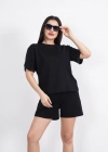 Osy Modal yumuşak dokulu Kumaş Kadın Bisiklet Yaka T-shirt Kısa Şort İkili Takım - Siyah