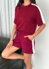 Osy Modal yumuşak dokulu Kumaş Kadın Parçalı Bisiklet Yaka T-shirt Kısa Şort İkili Takım - Bordo