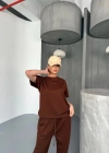 Osy Modal Yumuşak Dokulu Kumaş Kısa Kollu Bluz Rahat Pantalon ikili Takım- Kahverengi