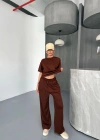Osy Modal Yumuşak Dokulu Kumaş Kısa Kollu Bluz Rahat Pantalon ikili Takım- Kahverengi