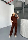 Osy Modal Yumuşak Dokulu Kumaş Kısa Kollu Bluz Rahat Pantalon ikili Takım- Kahverengi