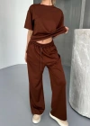 Osy Modal Yumuşak Dokulu Kumaş Kısa Kollu Bluz Rahat Pantalon ikili Takım- Kahverengi