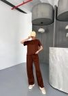 Osy Modal Yumuşak Dokulu Kumaş Kısa Kollu Bluz Rahat Pantalon ikili Takım- Kahverengi