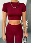 Osy Modal Yumuşak Dokulu Kumaş Kısa Kollu Crop Alt ispanyol Paça Pantalon ikili Takım - Bordo