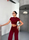 Osy Modal Yumuşak Dokulu Kumaş Kısa Kollu Crop Alt ispanyol Paça Pantalon ikili Takım - Bordo