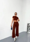 Osy Modal Yumuşak Dokulu Kumaş Kısa Kollu Crop Alt ispanyol Paça Pantalon ikili Takım - Kahverengi