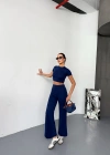 Osy Modal Yumuşak Dokulu Kumaş Kısa Kollu Crop Alt ispanyol Paça Pantalon ikili Takım - Lacivert