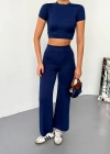 Osy Modal Yumuşak Dokulu Kumaş Kısa Kollu Crop Alt ispanyol Paça Pantalon ikili Takım - Lacivert