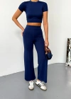 Osy Modal Yumuşak Dokulu Kumaş Kısa Kollu Crop Alt ispanyol Paça Pantalon ikili Takım - Lacivert