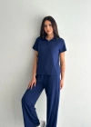 Osy Modal Yumuşak Dokulu Kısa Kollu Yakalı Pantalon ikili Takım - Lacivert