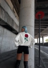 Oversize Üç İplik Bisiklet Yaka Baskılı SweatShirt - Beyaz