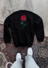 Oversize Üç İplik Bisiklet Yaka Baskılı SweatShirt - Siyah
