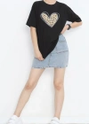 Sevgililer Günü İçin Özel Tasarım Leopar Kalp Baskılı T-shirt - Siyah