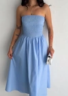 Straplez Pileli Elbise - Açık Mavi