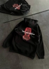 Üç İplik Kapüşonlu Baskılı Oversize SweatShirt- Siyah