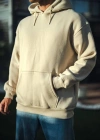 Üç İplik Penye Kapşonlu Basic SweatShirt - Bej