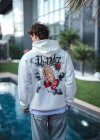 Üç İplik Penye Kapşonlu Baskılı SweatShirt - Beyaz