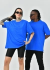 Kadın Basic Bisiklet Yaka Oversize T-Shirt - Mavi