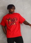 ERKEK Baskılı Oversize T-Shirt - Kırmızı