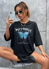 Kadın kelebek Baskılı Oversize T-Shirt - Siyah