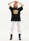 Kadın Baskılı Oversize T-Shirt - Siyah