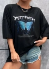 Kadın kelebek Baskılı Oversize T-Shirt - Siyah