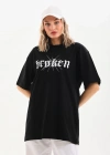 Kadın Baskılı Oversize T-Shirt - Siyah