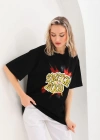 Kadın Baskılı Oversize T-Shirt - Siyah