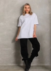 kadın Bisiklet Yaka Düz Oversize T-Shirt - Beyaz