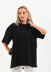 kadın Bisiklet Yaka Düz Oversize T-Shirt - Siyah