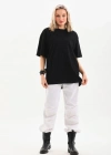kadın Bisiklet Yaka Düz Oversize T-Shirt - Siyah