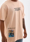 Erkek  Bisiklet Yaka Baskılı Oversize T-Shirt - Bej