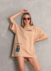 kadın  Bisiklet Yaka Baskılı Oversize T-Shirt - Bej