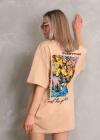 kadın  Bisiklet Yaka Baskılı Oversize T-Shirt - Bej
