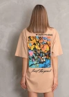 kadın  Bisiklet Yaka Baskılı Oversize T-Shirt - Bej